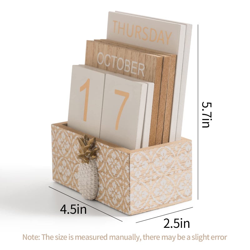 Aovdy Block Calendar for Desk 2025  Wood Desk Perpetual Calendar  Valentines Day Gift Daily Desktop Vintage Wooden Blocks for Home Farmhouse Office Aesthetic Decor Rustic Decoration Brown Pineapple - Image 2